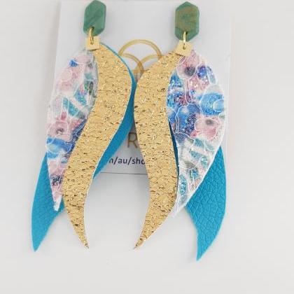 Faux Leather Earrings, Blue Floral Leather..