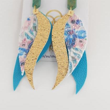 Faux Leather Earrings, Blue Floral Leather..