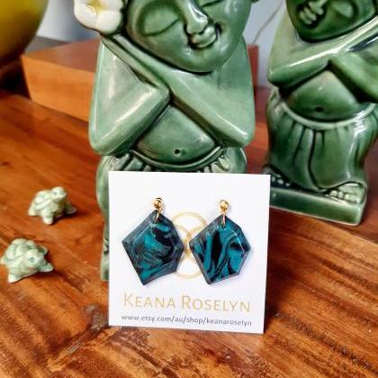 Polymer Clay Earrings, Emerald Tangarine, Nonagon..