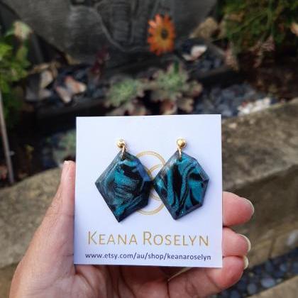 Polymer Clay Earrings, Emerald Tangarine, Nonagon..