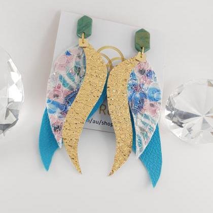 Faux Leather Earrings, Blue Floral ..
