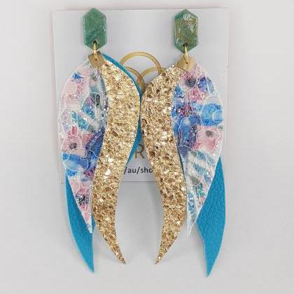 Faux Leather Earrings, Blue Floral ..
