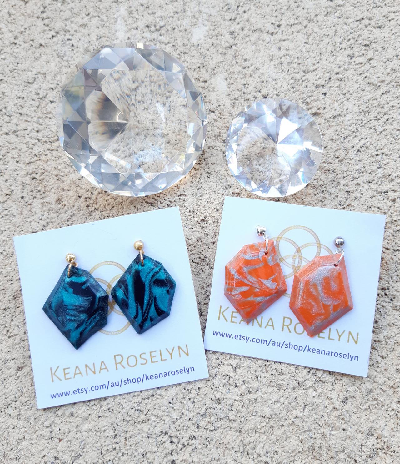 Polymer Clay Earrings, Emerald Tangarine, Nonagon Hexagon Shape, Polymer Clay Dangle & Drop Earrings, Statement Earrings, Emerald