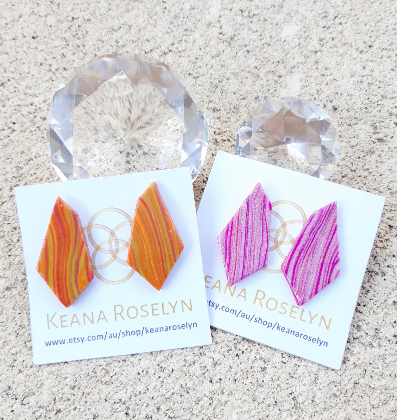Polymer Clay Earrings, Pink Tangarine Illusion Stud Polymer Clay Earrings, Triangle Polymer Clay Earrings, Statement Earrings, Polymer Clay