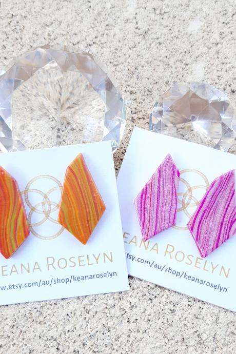 Polymer Clay Earrings, Pink Tangarine Illusion Stud Polymer Clay Earrings, Triangle Polymer Clay Earrings, Statement Earrings, Polymer Clay