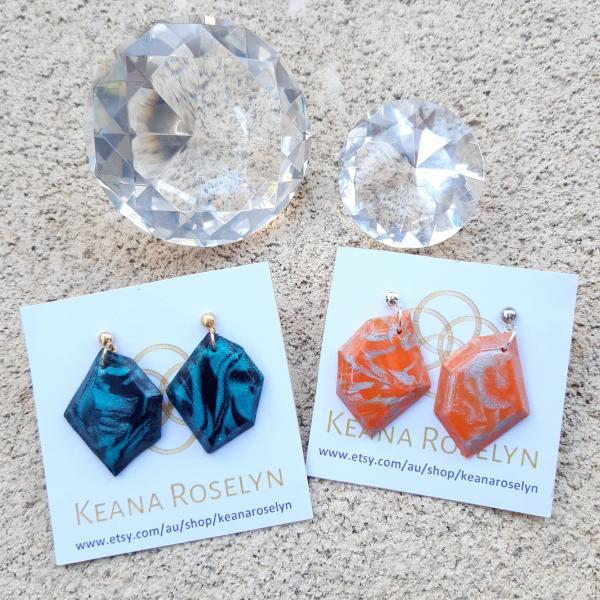 Polymer Clay Earrings, Emerald Tangarine, Nonagon Hexagon Shape, Polymer Clay Dangle & Drop Earrings, Statement Earrings, Emerald Tangarine